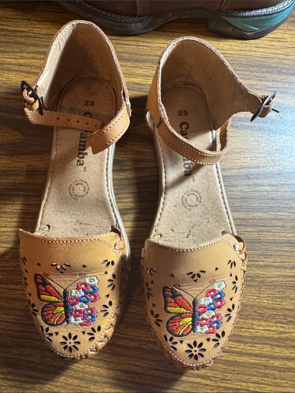 Authentic Mexican Embroidered Butterfly Tan Leather Sandals